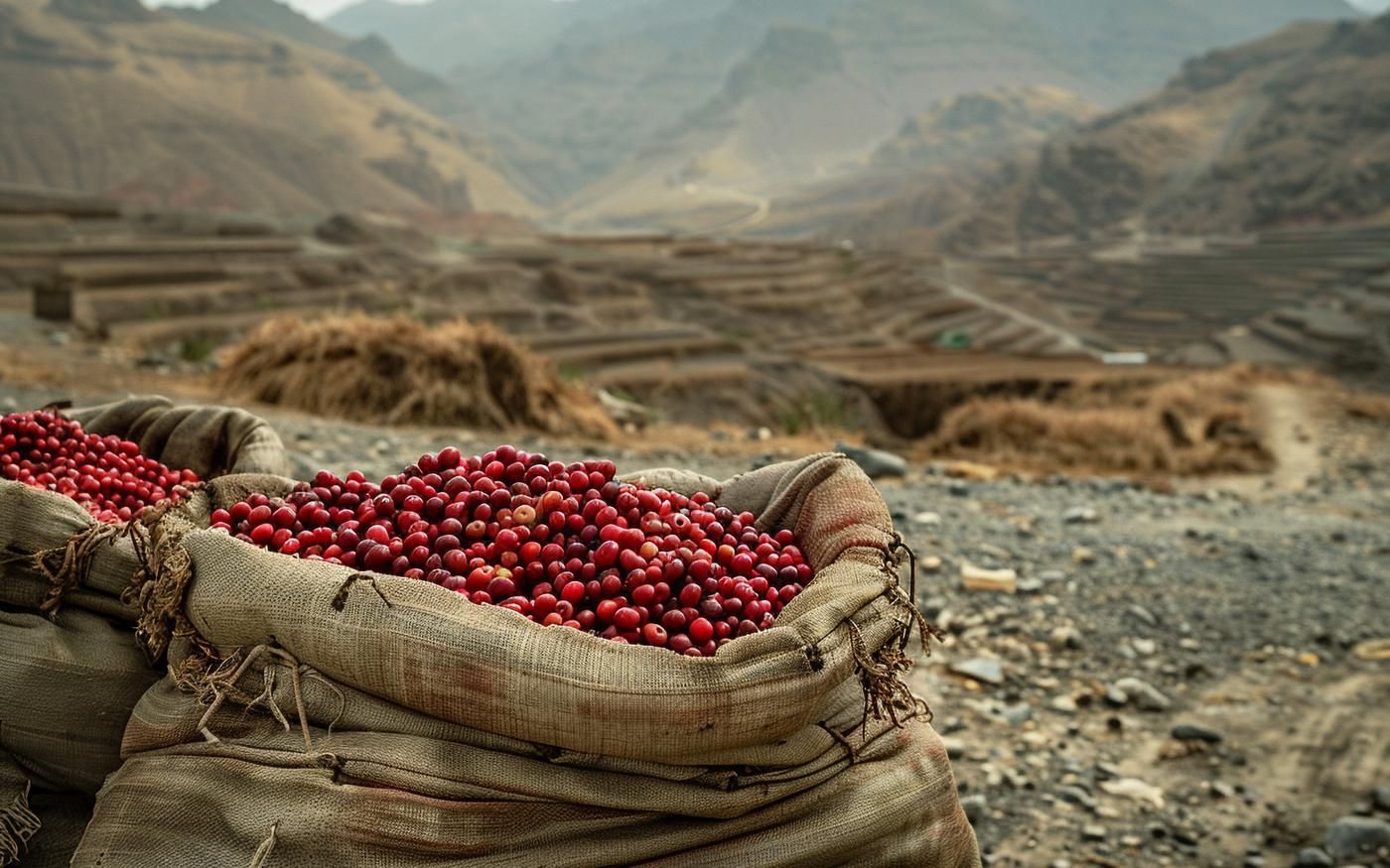 Coffee cherries drying in the sun on rooftops