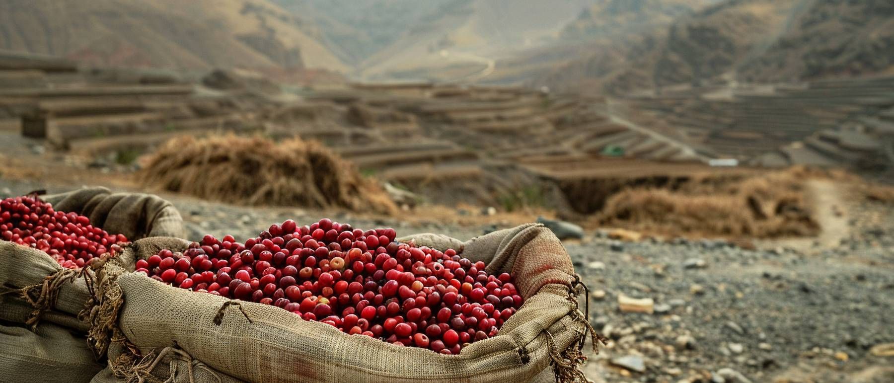 Sacks of freshly picked coffee cherries above a terraced Yemeni valley
